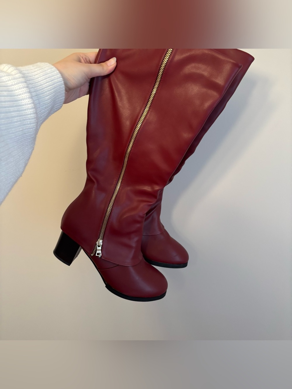 Tall red/burgundy faux leather boot with gold zipper - Picture 6 of 6